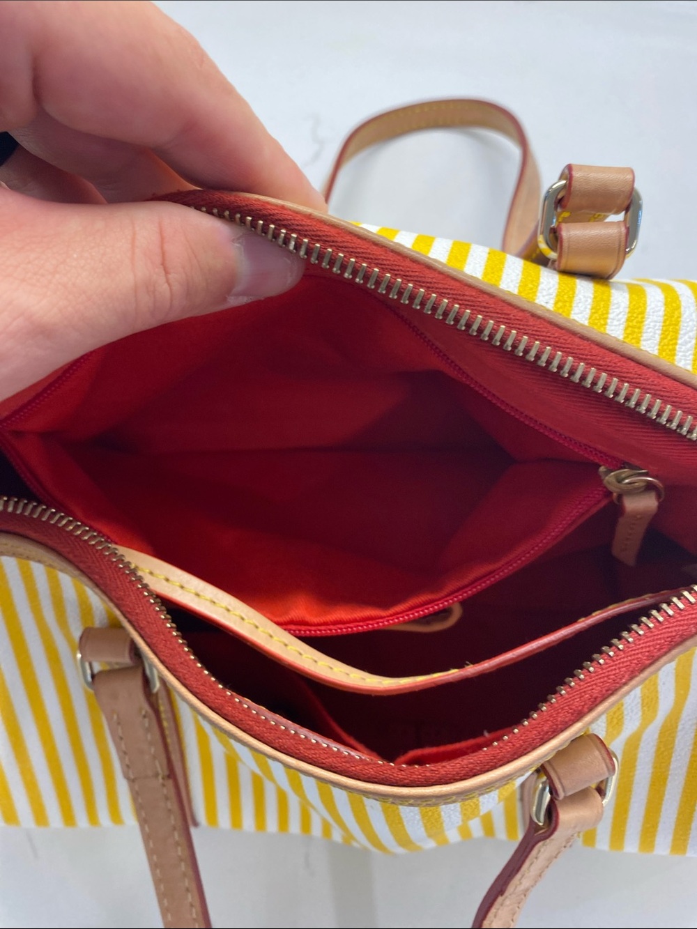 Dooney & Bourke Yellow & White Striped Barrel Shoulder Bag Tan Trim EUC ✨ - Picture 12 of 12